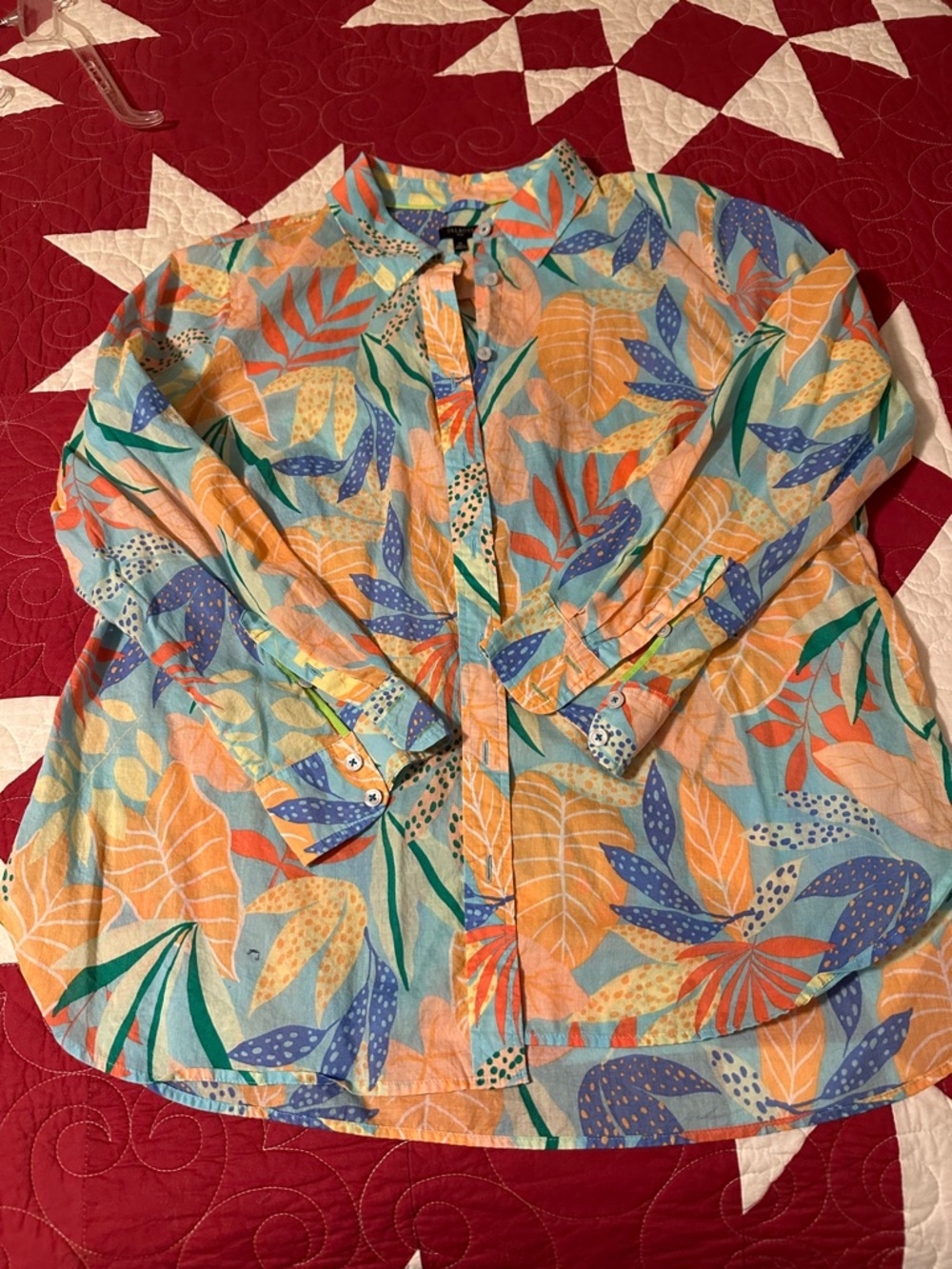 Talbots Button-Up Shirt in Aqua, Coral and Yellow Floral Print